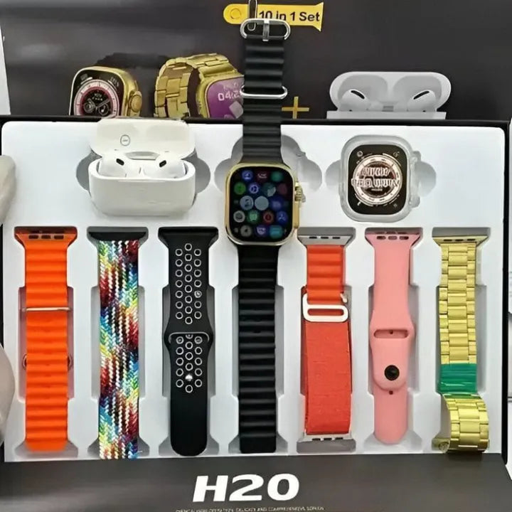 H20 Ultra Smartwatch 10 in 1 with 7 Straps, Silicone Case, Earbuds